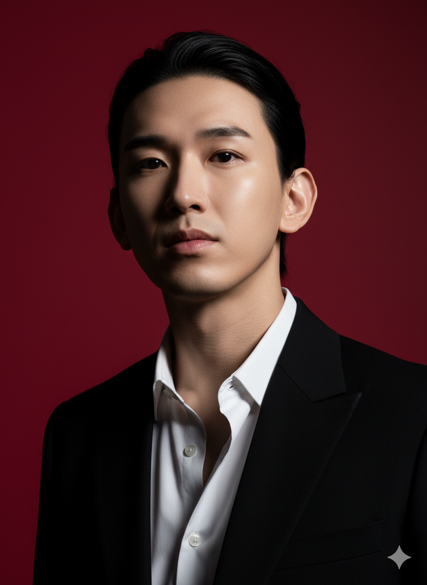Black and white portrait of a dance instructor posing in front of a dark background.